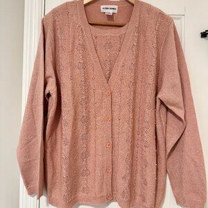Vintage Women XL Alfred Dunner Pink Faux Twinset Cardigan Sweater Pearls Sequins